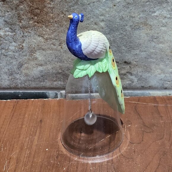 Peacock Bird Figurine on Crystal Glass Bell Silver Tone Chain Glass Ball - Picture 9 of 11